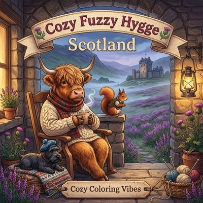Cozy Fuzzy Hygge Scotland: Easy Bold Line Design Adorable Animal Coloring Book for Adults Rustic Highland Travel Retreats, Countryside, Misty Mountain by Vibes, Cozy Coloring